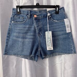 YMI Raw Hem Mid Wash Denim Shorts